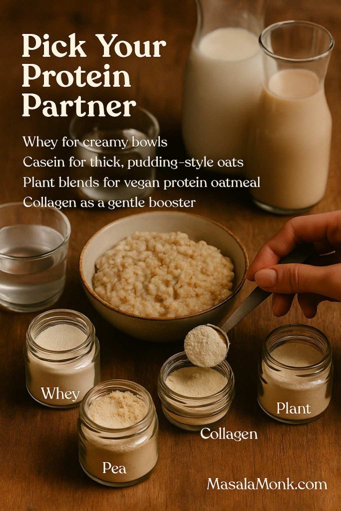 Bowl of creamy oatmeal surrounded by jars of whey, pea, plant and collagen protein powders, with a hand scooping powder as text highlights how to choose a protein for oats.
