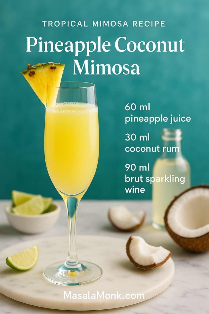 Pineapple coconut mimosa recipe card with an elegant Champagne flute filled with a tropical yellow cocktail made from 60 ml pineapple juice, 30 ml coconut rum and 90 ml brut sparkling wine, garnished with pineapple and coconut on a bright brunch table, MasalaMonk.com branding.