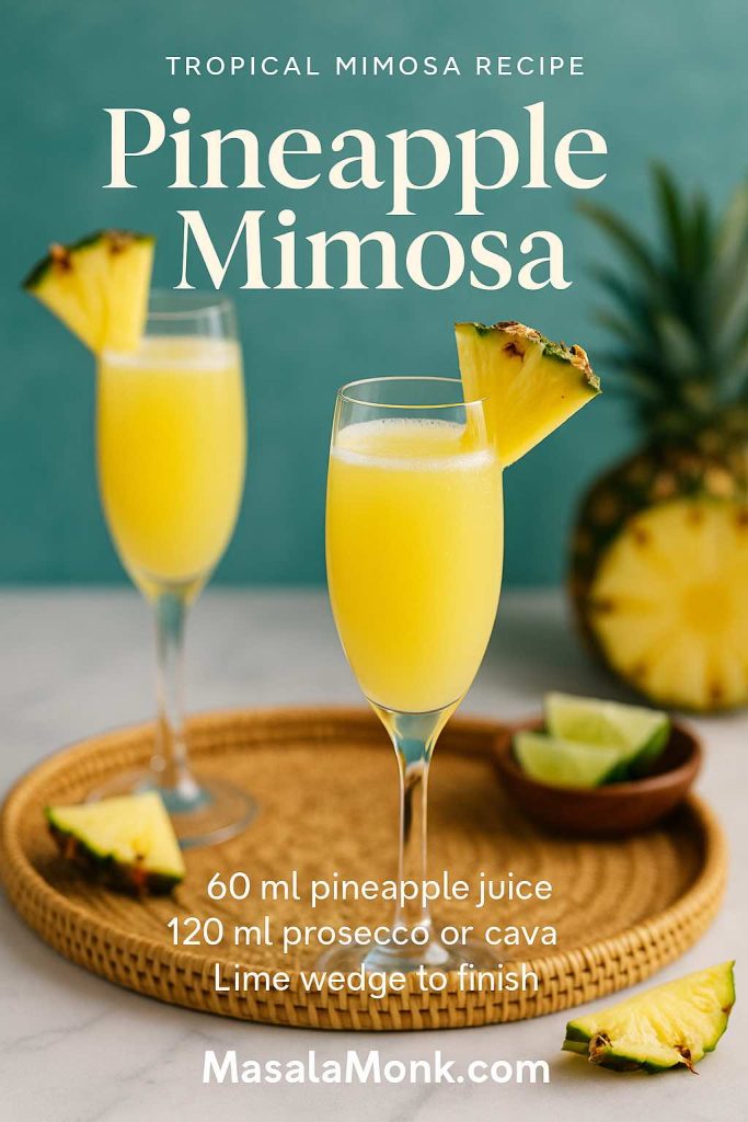 Pineapple mimosa recipe card with a bright yellow Champagne flute cocktail made from 60 ml pineapple juice and 120 ml prosecco, garnished with a pineapple wedge on a sunny tropical-style brunch table, MasalaMonk.com branding.