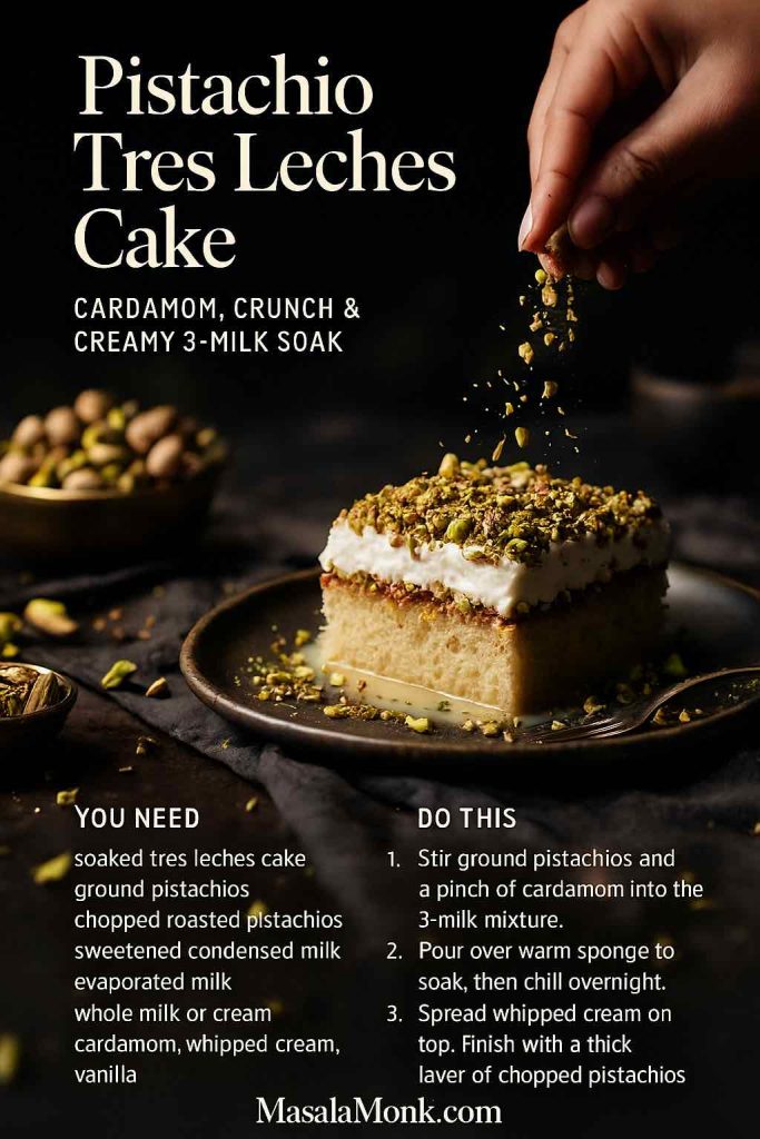Recipe card for Pistachio Tres Leches Cake, showing a square slice of three-milk sponge topped with whipped cream and a thick layer of chopped pistachios while a hand sprinkles more nuts, with ingredients and simple instructions below