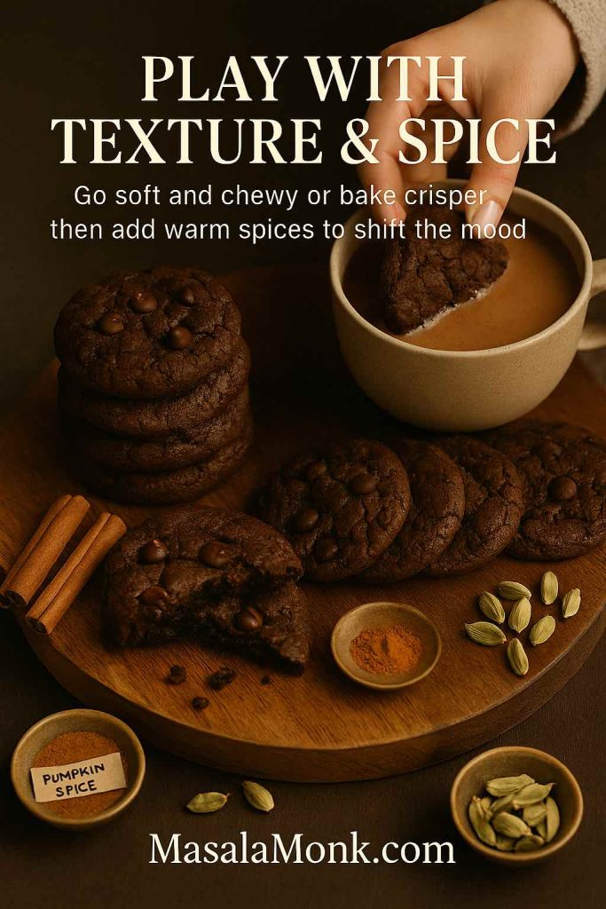 Hand dipping a double chocolate cookie into a cup of chai on a wooden board with soft and crisp cookies, cinnamon sticks, pumpkin spice and cardamom pods, showing how to change texture and add warm spices.