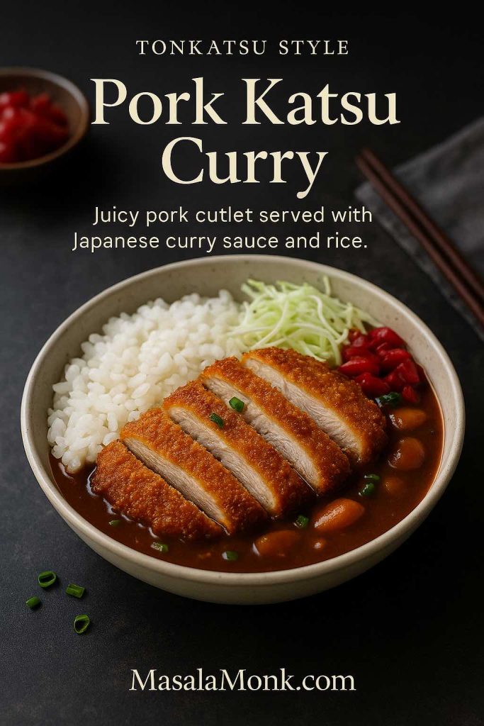 Bowl of pork katsu curry with sliced golden pork cutlet, Japanese curry sauce, rice, shredded cabbage and pickles.