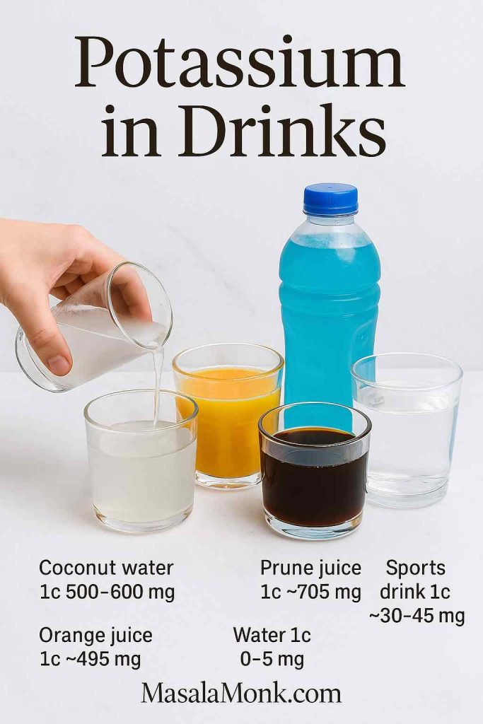 Potassium in drinks—coconut water, orange juice, prune juice, sports drink, and water on a white marble surface with a hand pouring; labels show per-cup values (coconut water 500–600 mg, orange juice ~495 mg, prune juice ~705 mg, sports drink ~30–45 mg, water 0–5 mg).