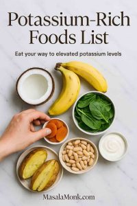 Potassium-rich foods list cover showing bananas, spinach, baked potato, white beans, yogurt, dried apricots and a coconut with a hand reaching in—portrait layout