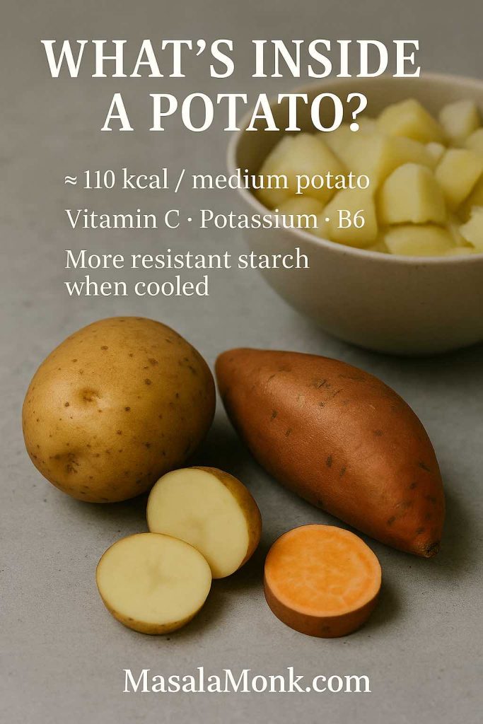 Whole and sliced white and sweet potatoes with a bowl of boiled potato cubes, highlighting calories, vitamins and resistant starch to show how potatoes can fit into a healthy potato salad recipe.