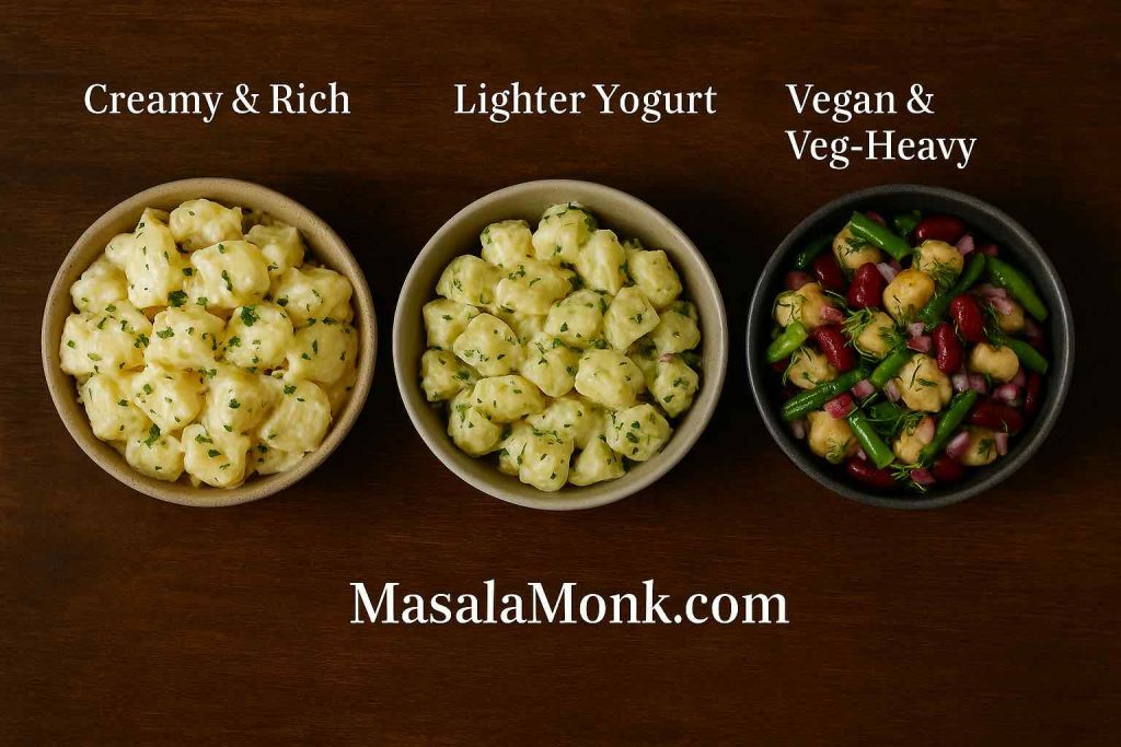 Three bowls of potato salad in a row showing a spectrum from creamy rich mayo, to lighter yogurt, to vegan potato salad packed with beans and vegetables, illustrating how dressing changes a potato salad recipe.