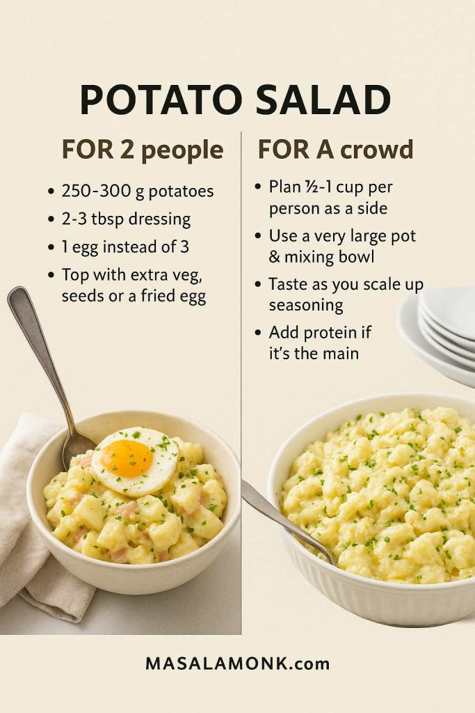 Infographic titled Potato Salad comparing portions for 2 people and for a crowd, with photos of a small bowl topped with a fried egg and a large serving bowl, and bullet tips on using 250–300 g potatoes and 2–3 tablespoons dressing for two versus planning ½–1 cup per person and scaling seasoning for a big batch.