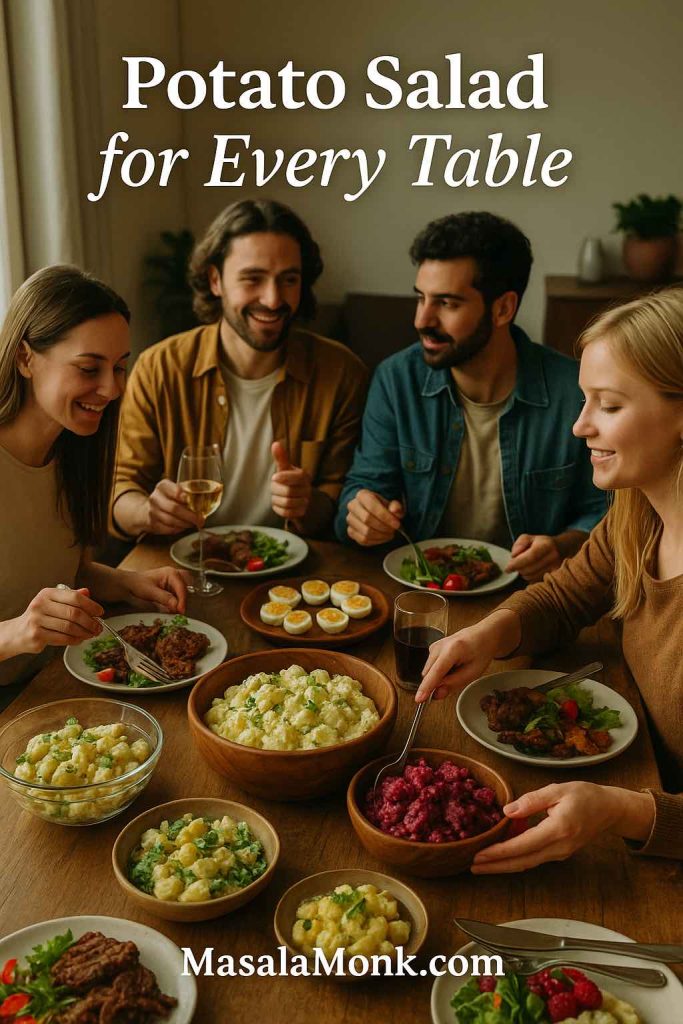 Four friends sitting around a wooden dining table, smiling and serving themselves from several bowls of potato salad, including classic and beetroot versions, with deviled eggs and grilled meats, illustrating potato salad for every table.
