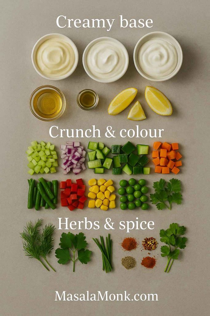 Flat-lay of potato salad ingredients arranged in rows, including bowls of creamy base, lemon wedges, chopped celery, onions, cucumbers, peppers, green beans, corn, peas, carrots and fresh herbs and spices, grouped as creamy base, crunch and colour, and herbs and spice for building different potato salad recipes.