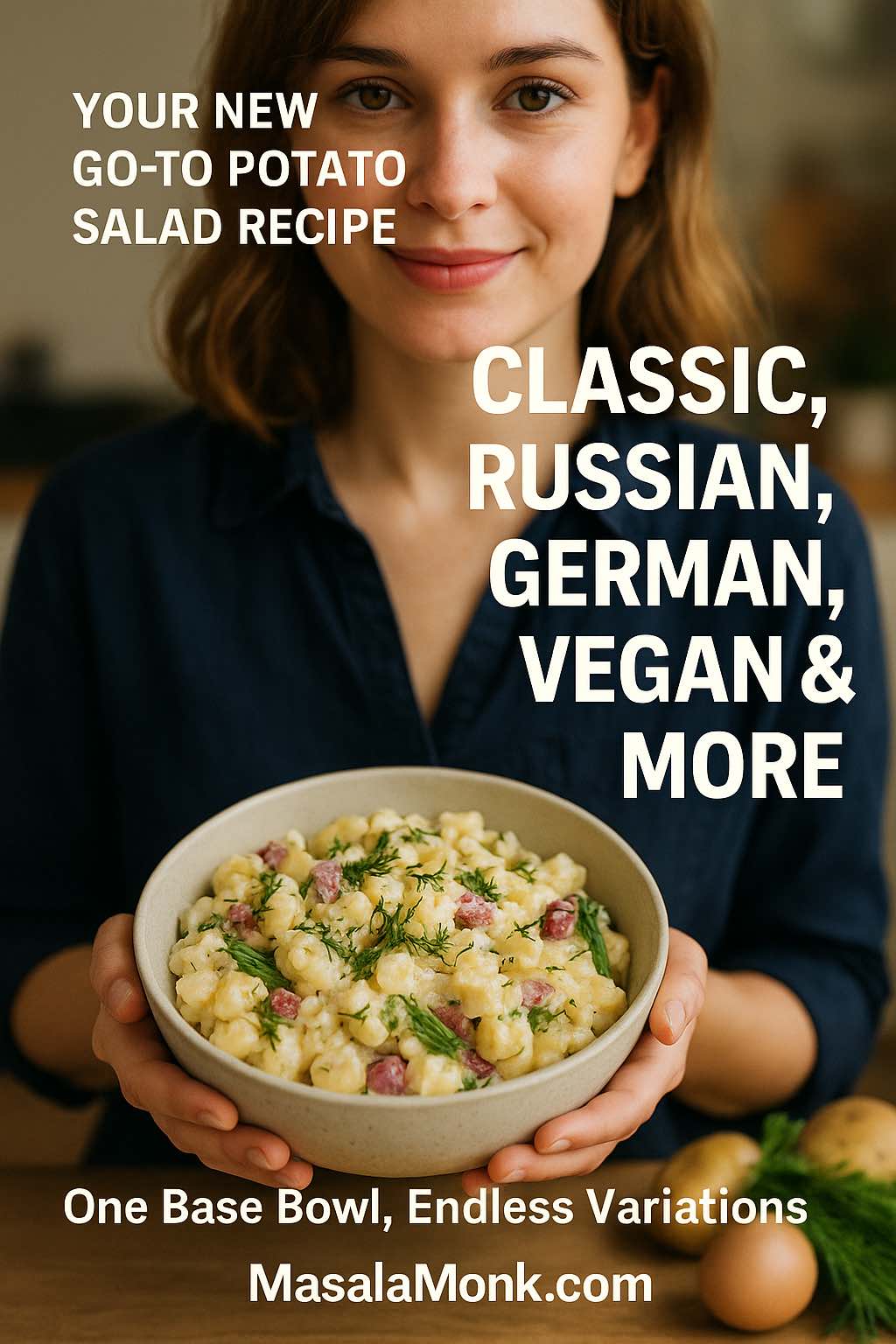 Smiling woman in a navy shirt holding a bowl of creamy potato salad with dill and vegetables, with text overlay reading “Your New Go-To Potato Salad Recipe – Classic, Russian, German, Vegan & More” for MasalaMonk.com.