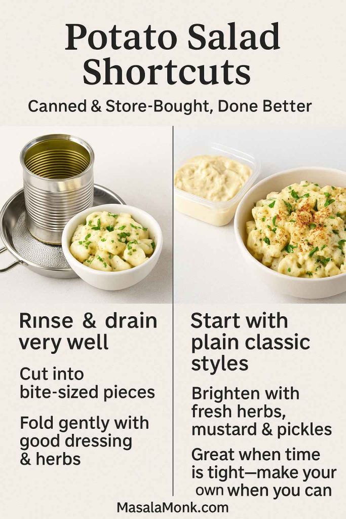 Infographic titled Potato Salad Shortcuts showing canned potatoes turned into a simple potato salad on one side and a tub of store-bought potato salad upgraded with herbs and paprika on the other, with tips to rinse and drain canned potatoes, fold them with good dressing and herbs, and to brighten plain store-bought salad with fresh herbs, mustard and pickles.