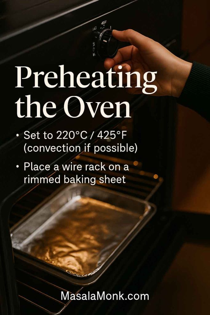 Portrait image of a hand turning the oven dial to 220°C / 425°F with the door open, showing a foil-lined baking sheet and wire rack inside, with text overlay titled Preheating the Oven.