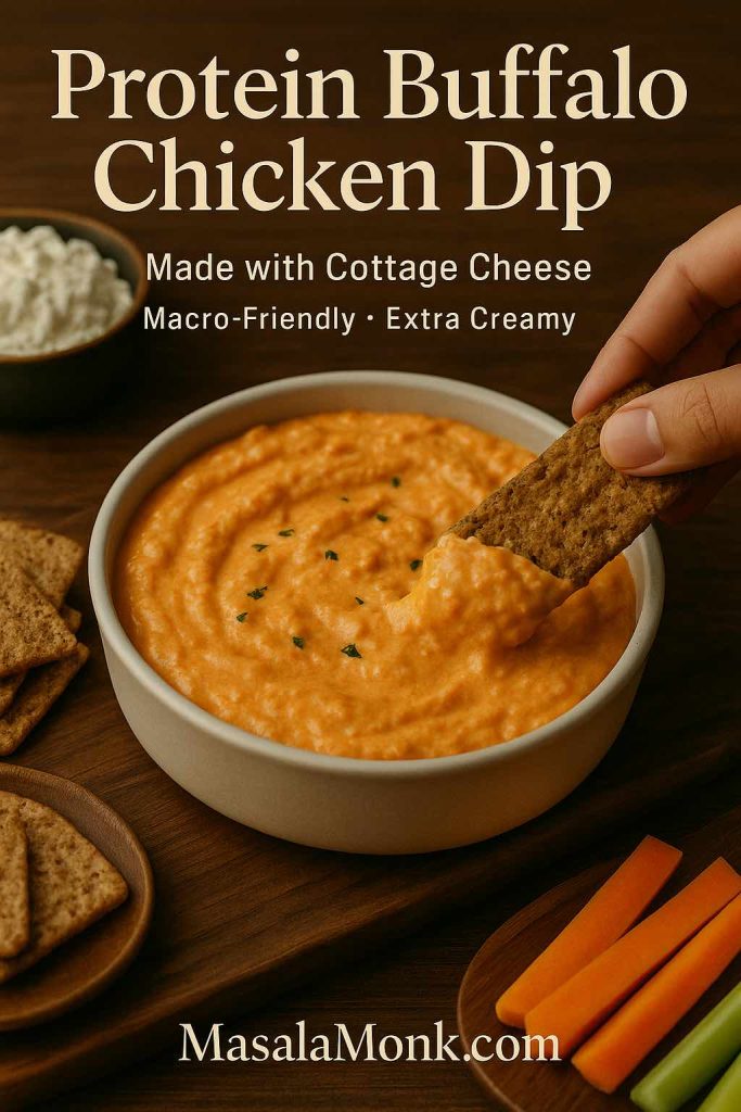 Hand dipping a wholegrain cracker into protein buffalo chicken dip made with cottage cheese, with extra crackers, cottage cheese, and veggie sticks on a wooden board.