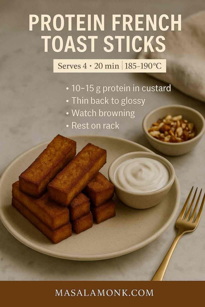 Protein French toast sticks on a stoneware plate with yogurt dip and chopped nuts—golden and crisp; MasalaMonk high-protein recipe card.