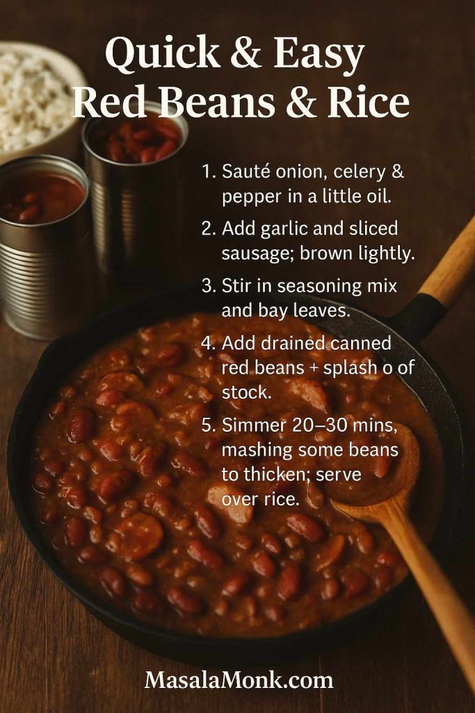 Recipe card showing a skillet of quick and easy red beans and rice with canned beans, step-by-step instructions, and MasalaMonk.com at the bottom.