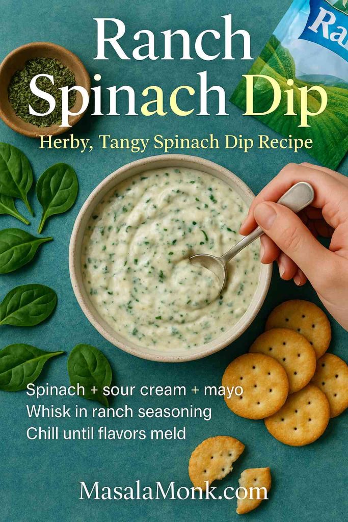 Top-down view of a bowl of ranch spinach dip with a hand holding a spoon, surrounded by spinach leaves, crackers, and ranch seasoning on a teal background with mini recipe text overlay.