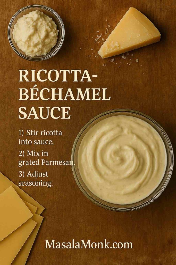 Top-down flatlay showing Ricotta–Béchamel Cheese Sauce for Lasagna: glass bowl of creamy sauce, small bowl of ricotta, wedge of Parmigiano, and lasagna sheets on a wooden board.