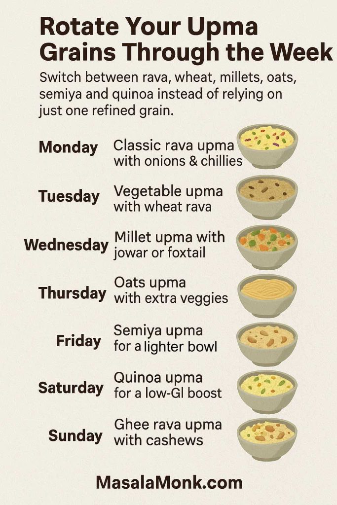 Vertical infographic titled Rotate Your Upma Grains Through the Week showing a weekly planner from Monday to Sunday with small illustrations of different upma bowls and text suggesting classic rava upma, wheat vegetable upma, millet upma, oats upma, semiya upma, quinoa upma and ghee rava upma to encourage rotating grains instead of relying on one refined grain.