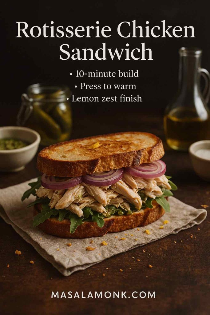 Chicken salad croissant with grapes, celery and pecans; elegant recipe card by MasalaMonk.