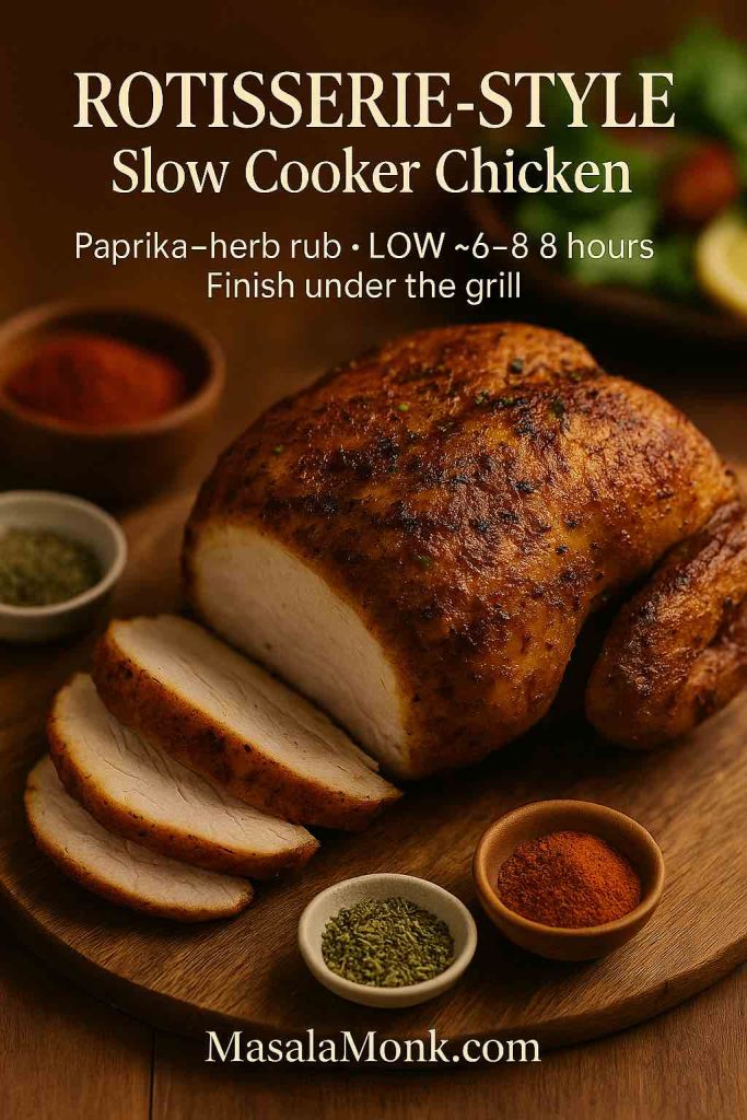 Rotisserie-style slow cooker chicken with golden paprika and herb crust sliced on a wooden board, surrounded by small bowls of paprika and dried herbs.