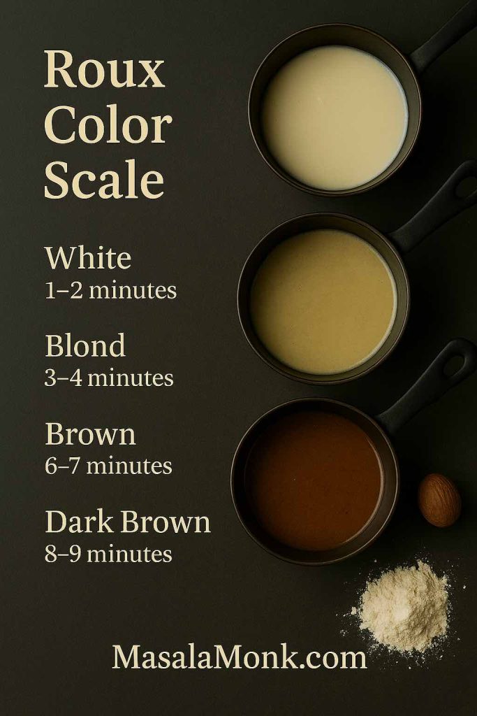 Side-by-side pans showing white roux and blond roux—the ideal stage for béchamel.