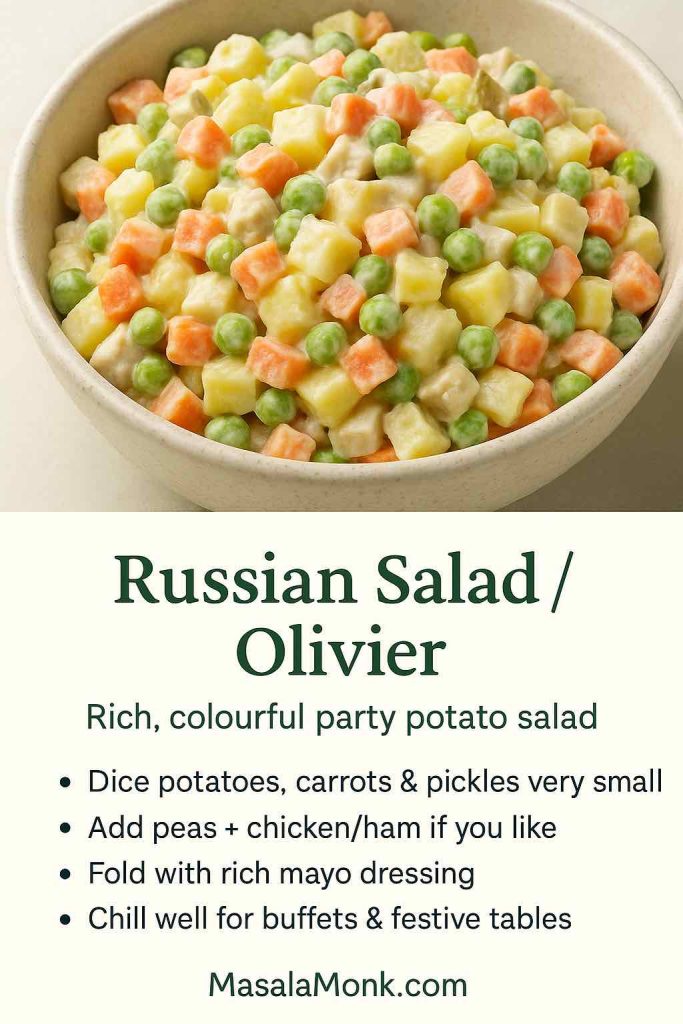 Recipe card showing a bowl of Russian salad, or Olivier, with diced potatoes, carrots, peas and pickles in a creamy mayo dressing, plus tips to dice everything small, add peas and chicken or ham, fold with rich mayo and chill well for buffets and festive tables.