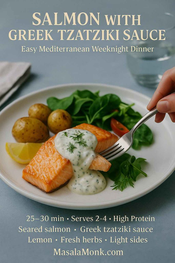 Plated salmon with Greek tzatziki sauce, showing a seared salmon fillet on a light plate with a spoonful of creamy yogurt and cucumber sauce, fresh herbs, lemon wedge and a simple green side, with a hand holding a fork ready to take a bite.