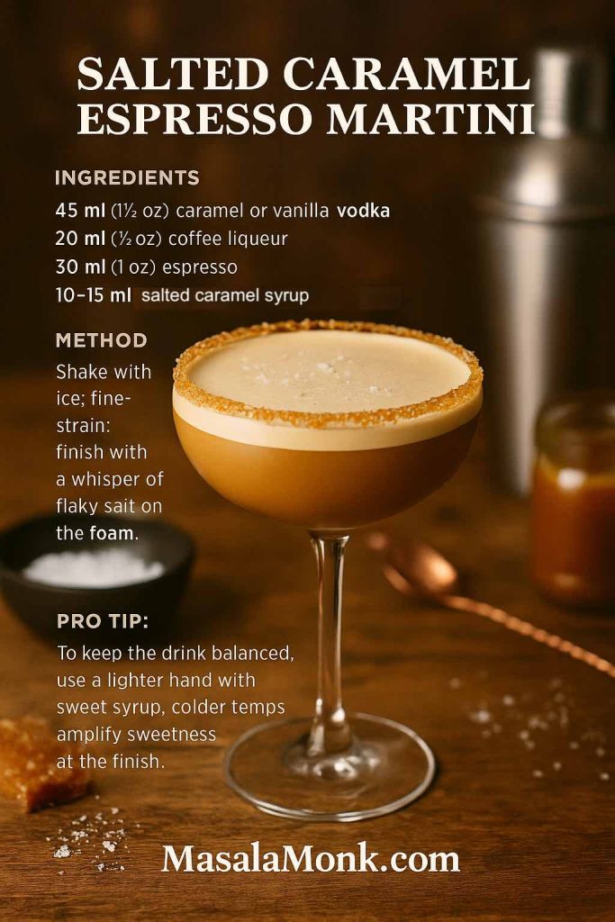 Recipe card: Salted Caramel Espresso Martini—caramel/vanilla vodka, coffee liqueur, espresso, salted-caramel syrup; toffee rim, sea salt on foam.