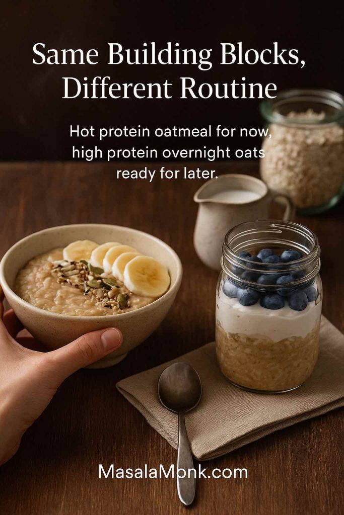 Hot bowl of protein oatmeal with banana and seeds next to a jar of high protein overnight oats with yogurt and blueberries, showing two ways to use the same oat and protein base.