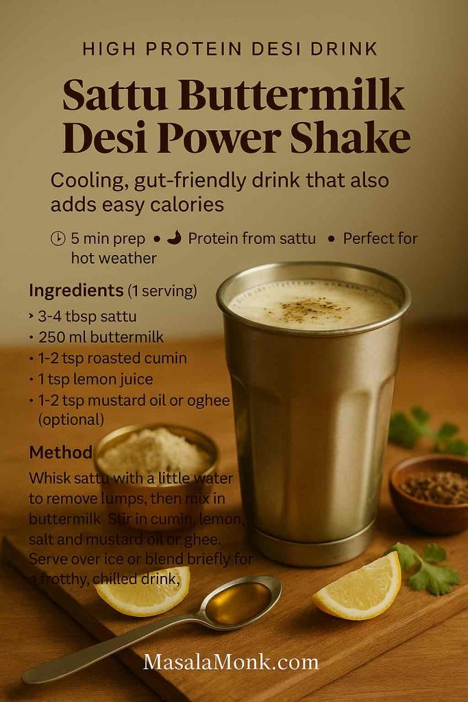Sattu Buttermilk Desi Power Shake high protein drink recipe card showing a steel glass of sattu chaas topped with cumin, surrounded by sattu powder, lemon wedges, mustard oil and spices on a wooden board, from MasalaMonk.com