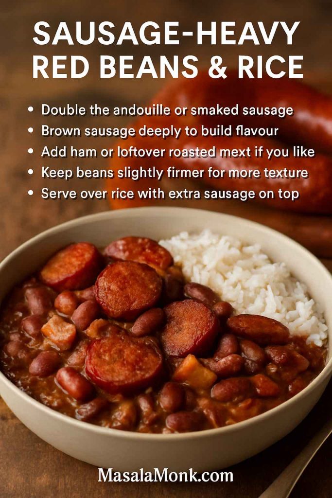 Recipe card showing a bowl of red beans and rice loaded with browned sausage slices and simple instructions for making sausage-heavy red beans and rice.