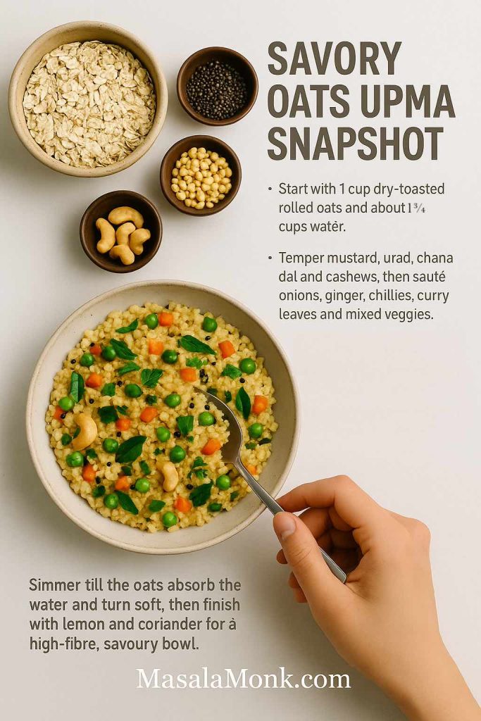Recipe snapshot for savory oats upma showing a bowl of colourful oats upma with peas, carrots and cashews, surrounded by bowls of rolled oats, mustard seeds, lentils and cashews, with text summarising the ratio, tempering and simmering steps for a high-fibre Indian breakfast bowl.
