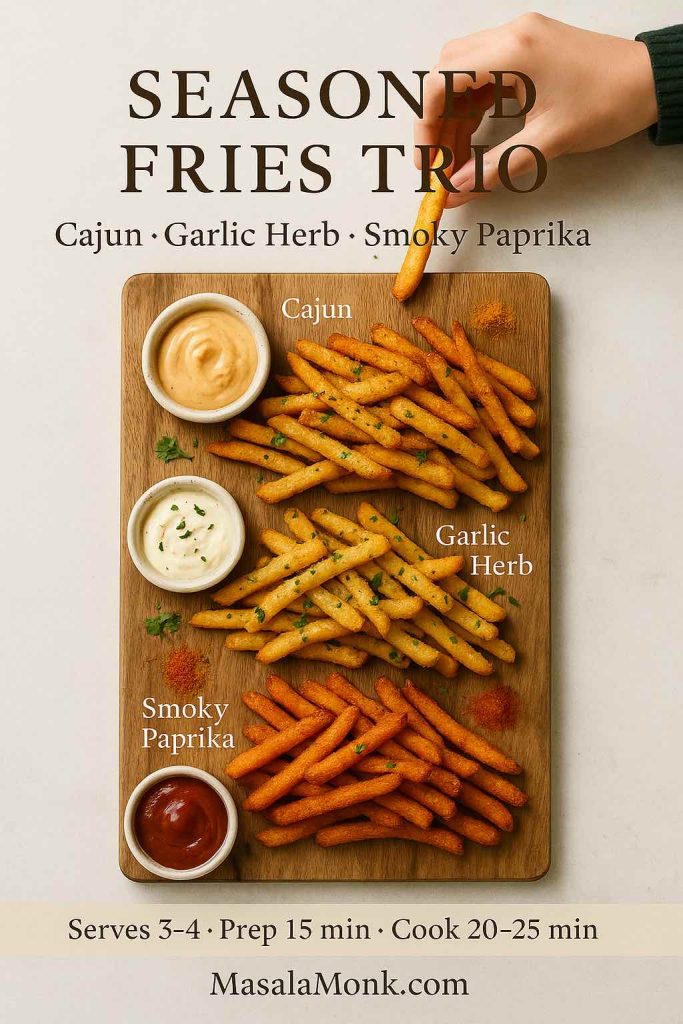 Top-down view of a wooden board with three piles of seasoned fries labeled Cajun, Garlic Herb and Smoky Paprika, each with a matching dipping sauce and a hand picking up a fry.