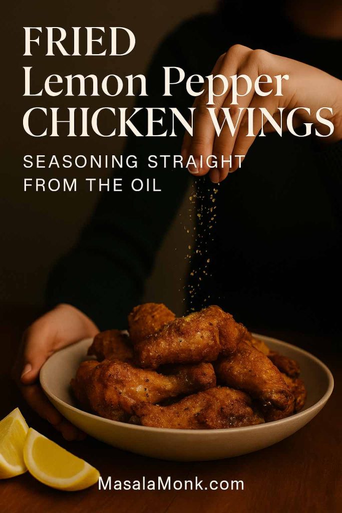 Portrait image of a plate piled with fried chicken wings while a hand sprinkles lemon pepper seasoning over them, with lemon wedges on the table and text overlay titled Fried Lemon Pepper Chicken Wings – Seasoning Straight from the Oil.