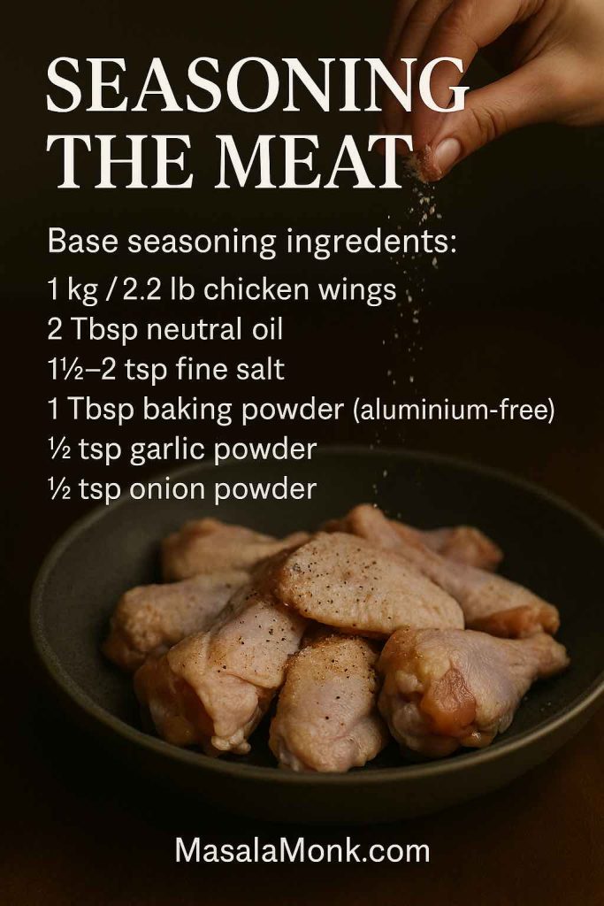 Portrait image showing a hand sprinkling seasoning over raw chicken drumettes on a plate, with text overlay titled Seasoning the Meat.