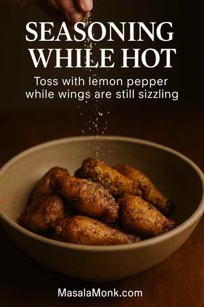 Portrait image of hot lemon pepper chicken wings in a bowl while a hand sprinkles seasoning over them, showing how to toss the wings with lemon pepper while they are still sizzling.