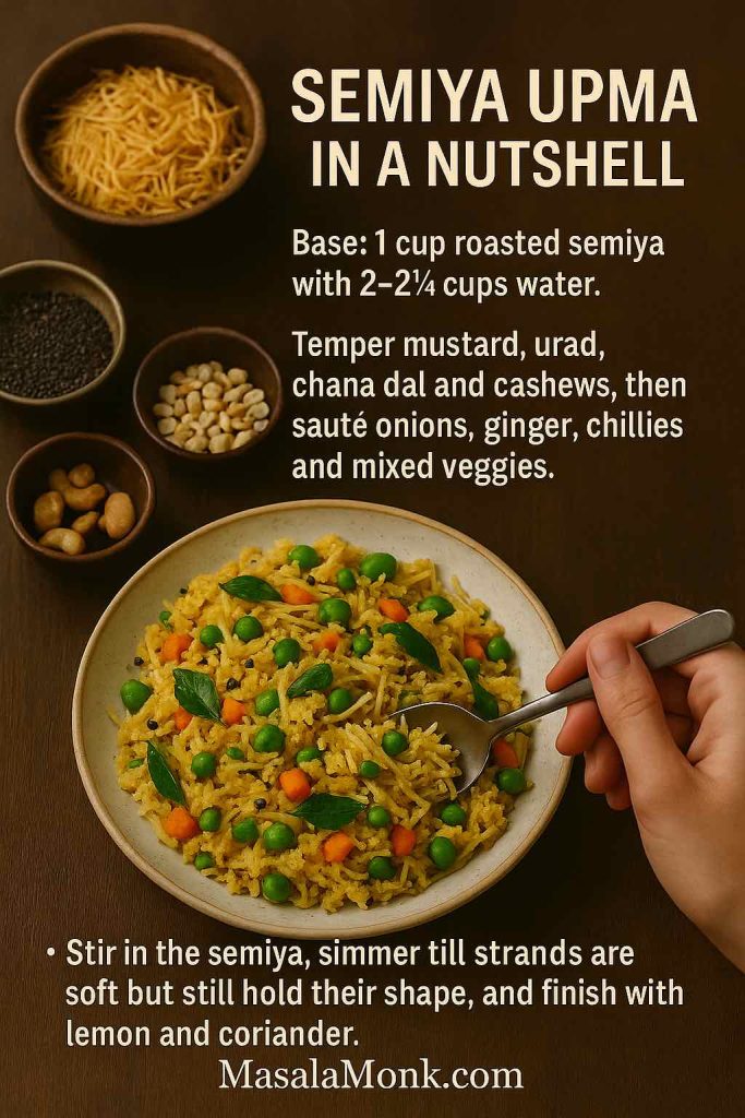 Recipe card for semiya upma showing a bowl of colourful vermicelli upma with peas, carrots and curry leaves, surrounded by bowls of roasted semiya, mustard seeds, lentils and cashews, with text summarising the base ratio, tempering and cooking method for semiya upma.