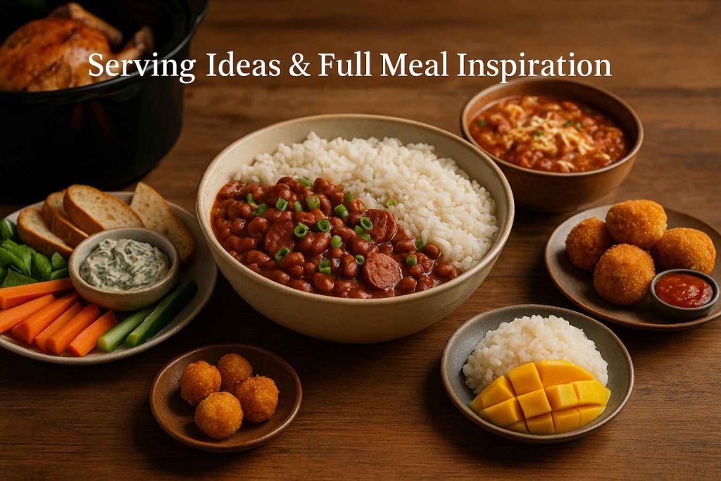Large bowl of red beans and rice surrounded by vegetables with spinach dip, roasted chicken, lasagna soup, arancini and mango sticky rice on a wooden table with the title Serving Ideas and Full Meal Inspiration.