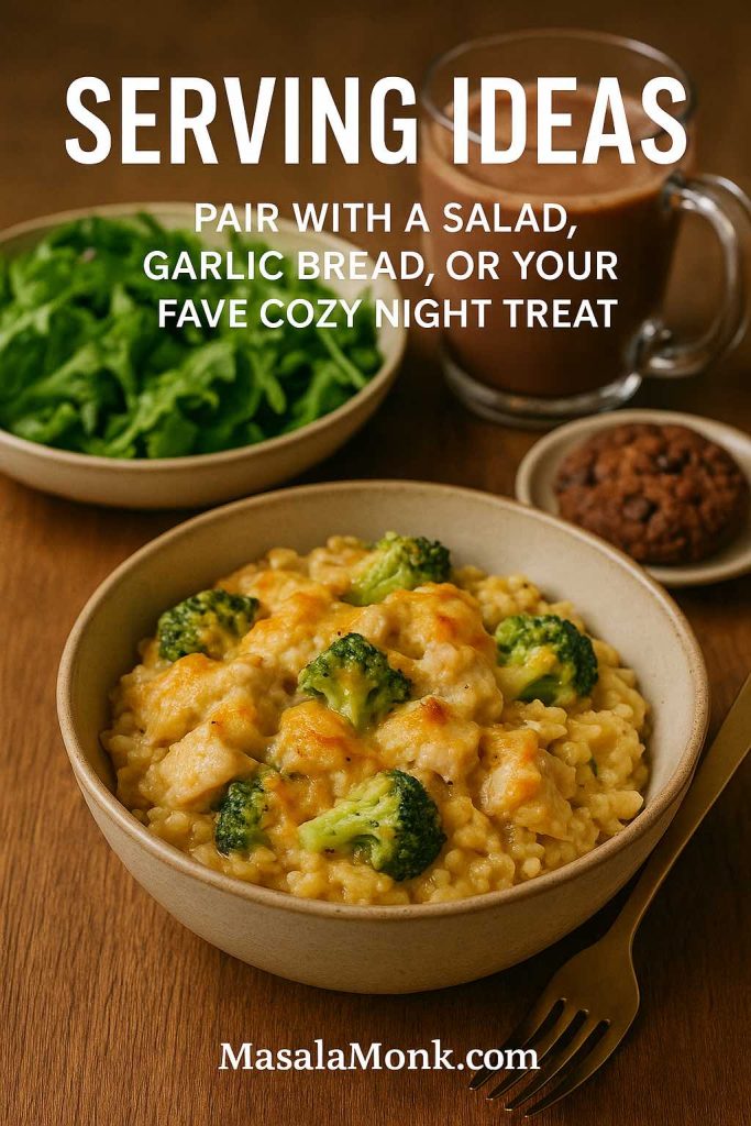 Cozy table setting with a bowl of cheesy chicken broccoli rice, a side bowl of green salad, and a mug of hot chocolate with a cookie, with text overlay suggesting serving ideas and pairings.