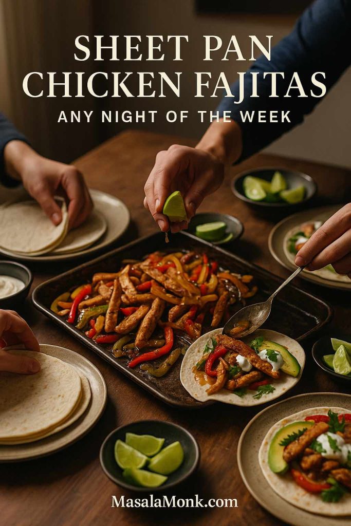 Sheet pan chicken fajitas on a wooden table with three hands building tortillas, squeezing lime and spooning filling, with the text Sheet Pan Chicken Fajitas Any Night of the Week and MasalaMonk.com