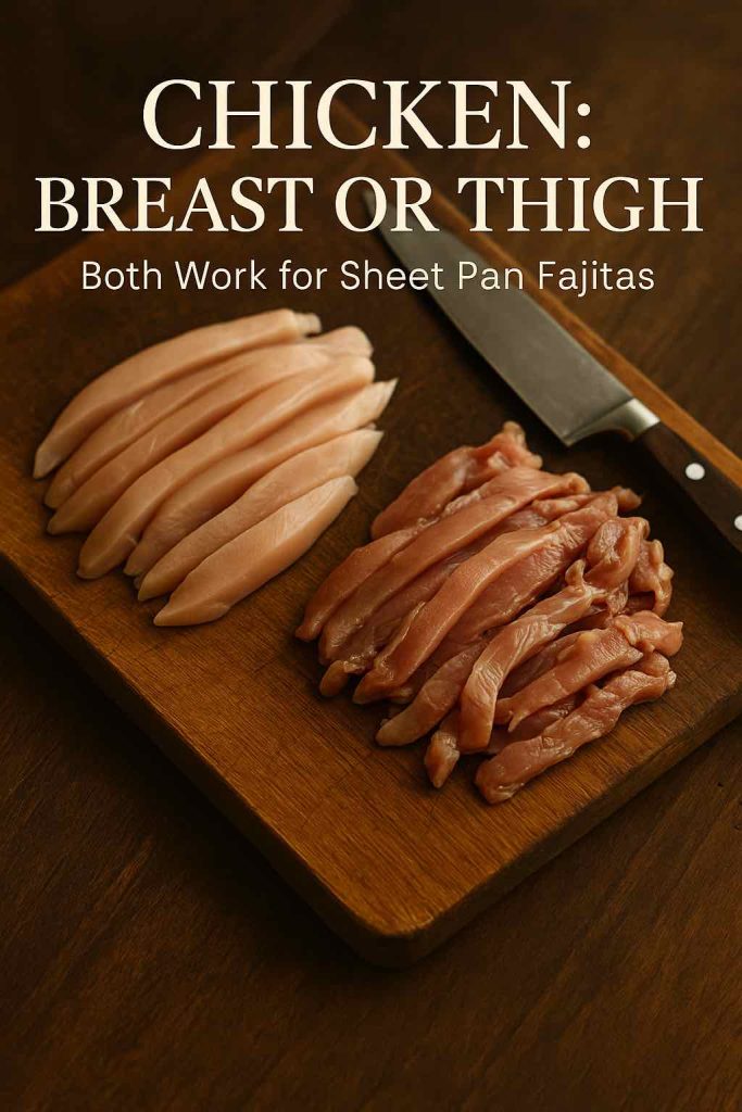 Thinly sliced chicken breast and chicken thigh strips on a wooden cutting board with a chef’s knife, labeled as breast or thigh for sheet pan chicken fajitas.