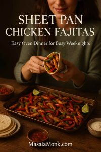 Woman holding a warm flour tortilla filled with sheet pan chicken fajitas above a tray of oven-baked chicken, bell peppers, and onions on a rustic wooden table.