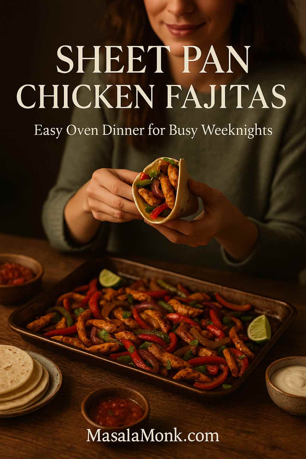 Woman holding a warm flour tortilla filled with sheet pan chicken fajitas above a tray of oven-baked chicken, bell peppers, and onions on a rustic wooden table.