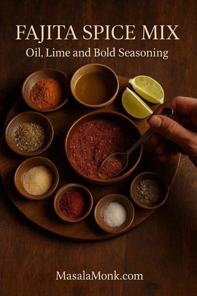 Small bowls of chili powder, cumin, paprika, garlic, oregano, salt, oil and lime wedges arranged around a central bowl of fajita spice mix, with a hand scooping seasoning for sheet pan chicken fajitas.