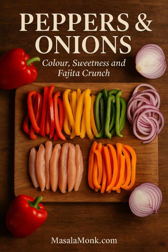 Sliced red, yellow, green and orange bell peppers with red onion rings and chicken strips arranged on a wooden board under the title Peppers and Onions for sheet pan chicken fajitas.