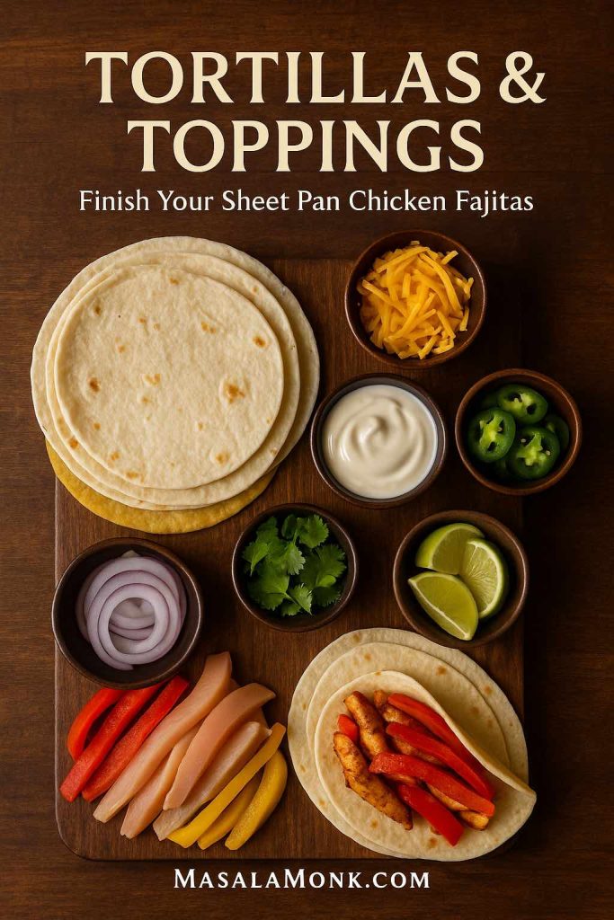 Stack of flour and corn tortillas surrounded by bowls of cheese, sour cream, jalapeños, cilantro, lime wedges, onions and fajita filling on a wooden board for sheet pan chicken fajitas.