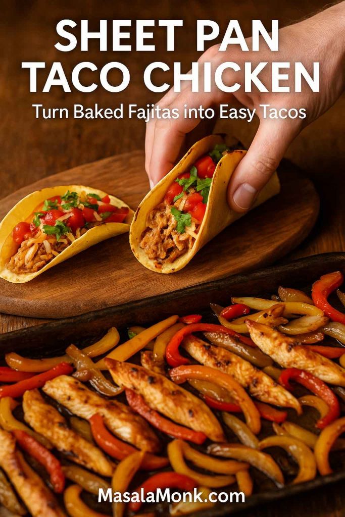 Hand lifting a soft taco filled with shredded sheet pan chicken, peppers, cheese and salsa from a wooden board, with the roasted chicken fajitas still on the sheet pan below.