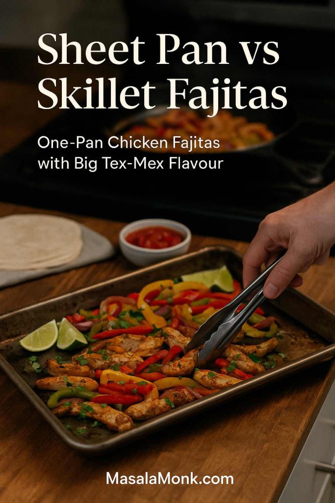 Hand using tongs over a tray of sheet pan chicken fajitas on a wooden counter, with a skillet of fajitas blurred on the stovetop in the background and text reading Sheet Pan vs Skillet Fajitas.