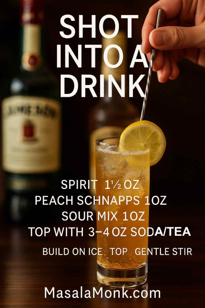 Magazine-style card showing a tall green-tea-style highball built from the shot template—spirit, peach schnapps, sour mix, and soda or iced tea—elegant bar props, MasalaMonk.com footer.