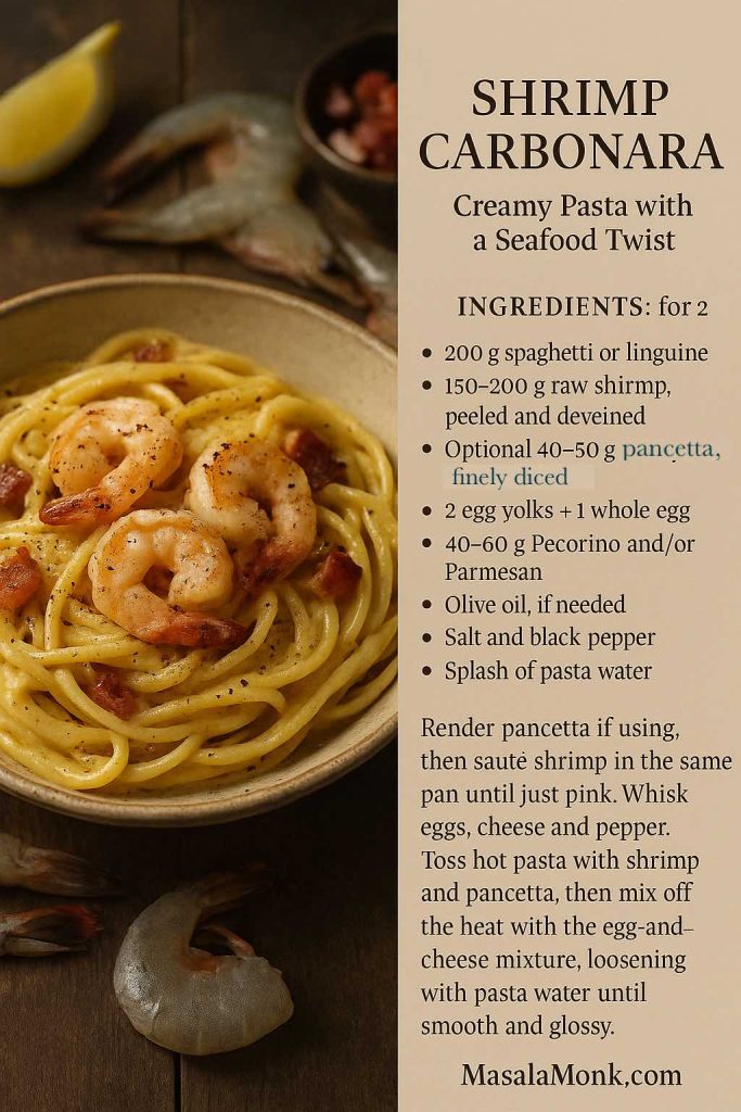 Recipe card showing a bowl of shrimp carbonara with creamy spaghetti, pink shrimp and pancetta beside ingredients and directions for seafood carbonara.